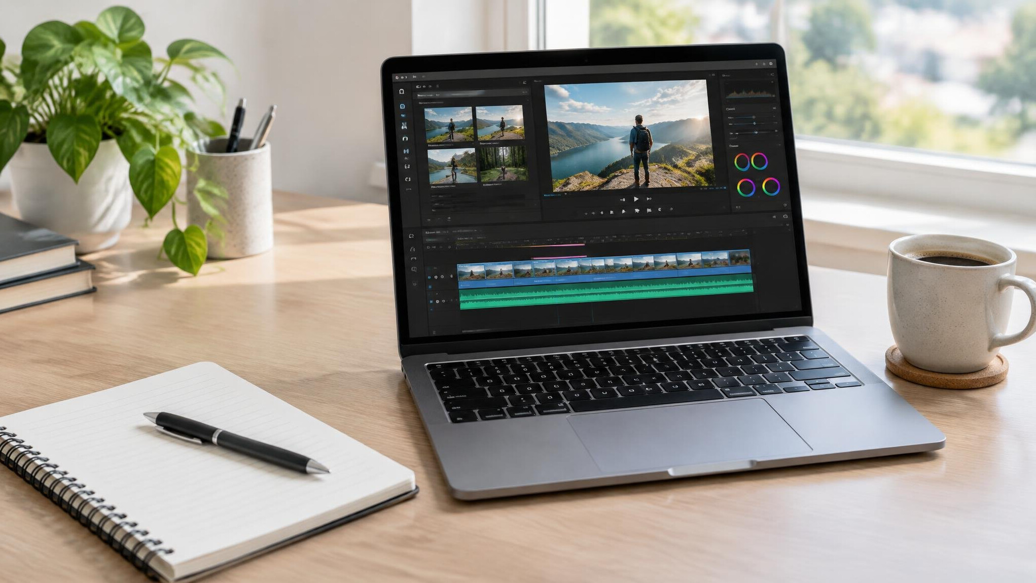 Laptop and notebook on a desk for editing workflow