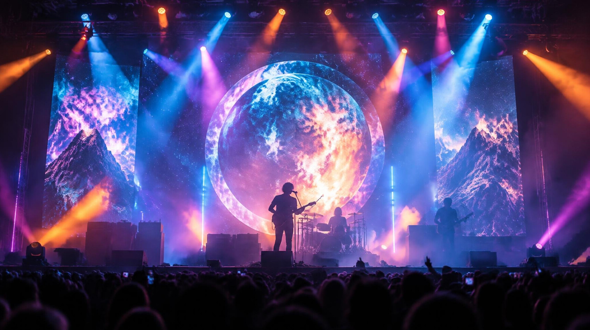 Live concert stage visuals with colorful lights