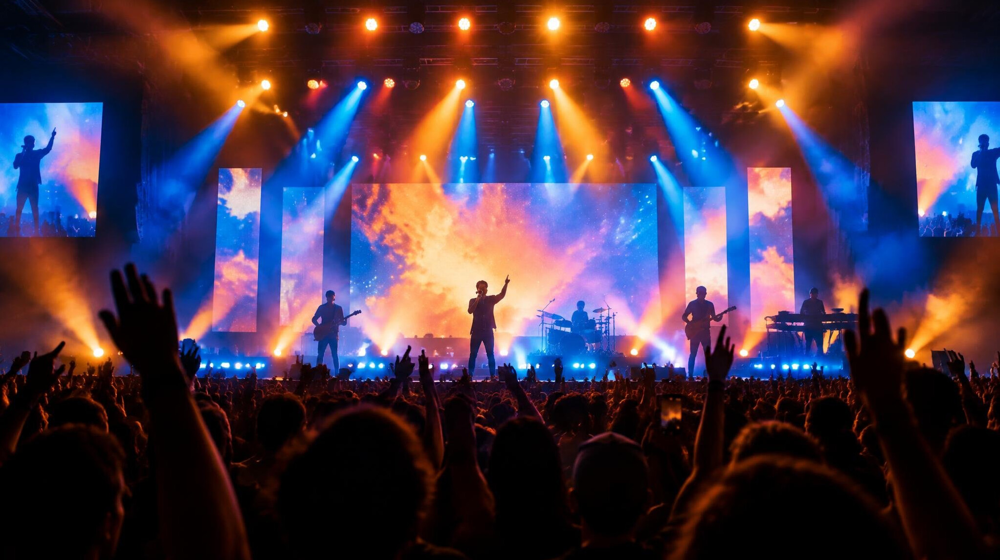 Pop concert stage with lights and cheering audience